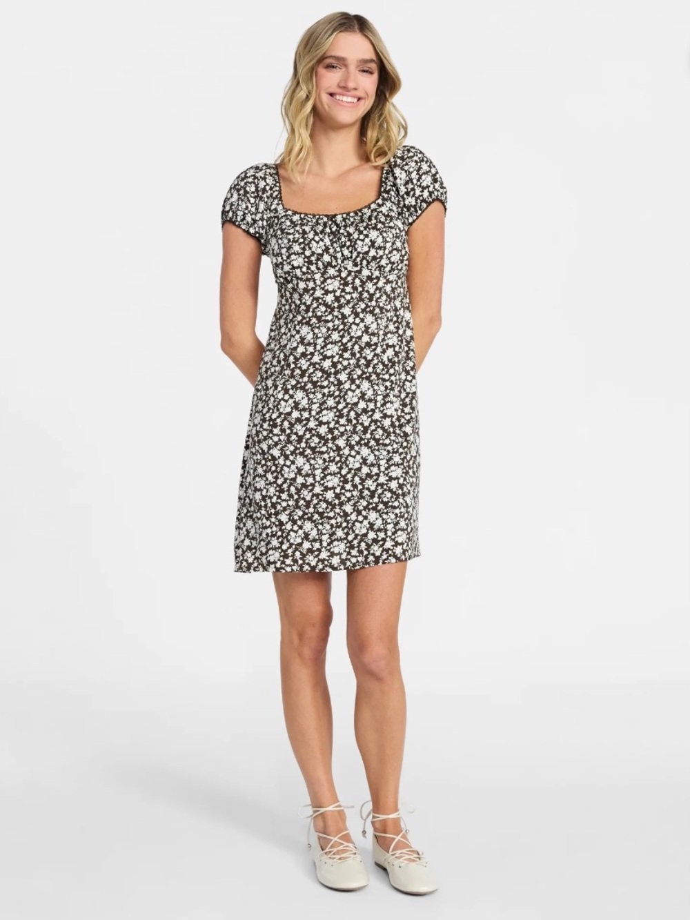 Brown Floral Square-Neck Mini Dress, NEW - Picture 2 of 9